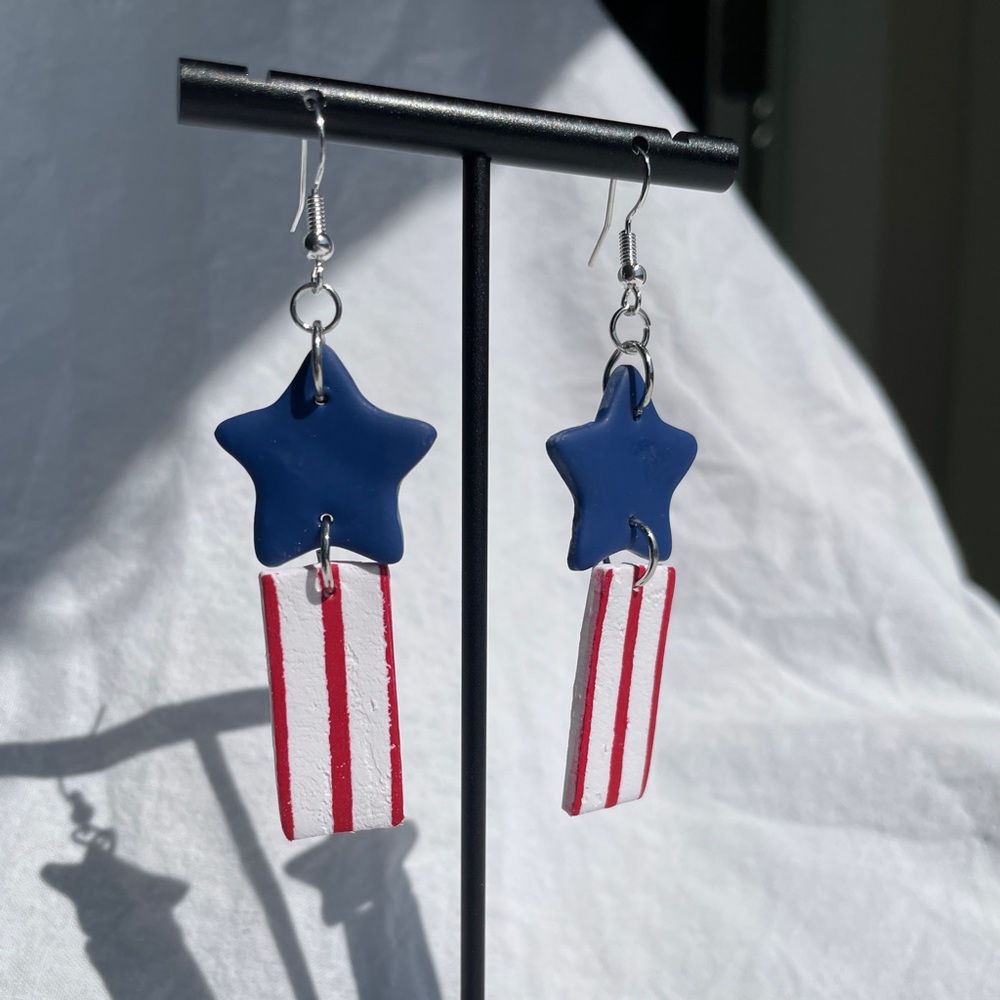 Handmade Fourth of July dangly earrings-red, white, and blue